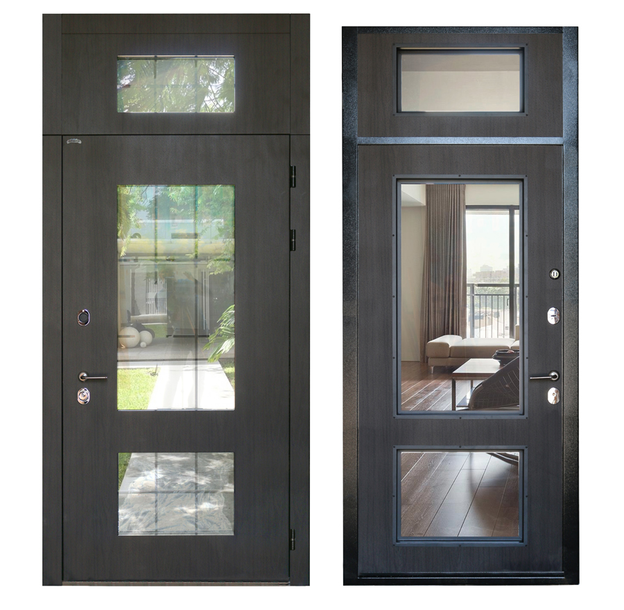 Металлические двери со стеклянными вставками и фрамугой